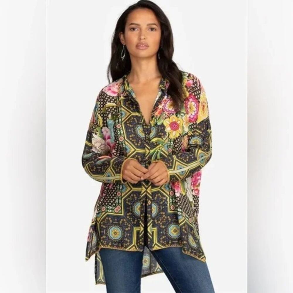 Johnny Was Fagan Bohemian Silk Button Front Multicolor Flowers Tunic